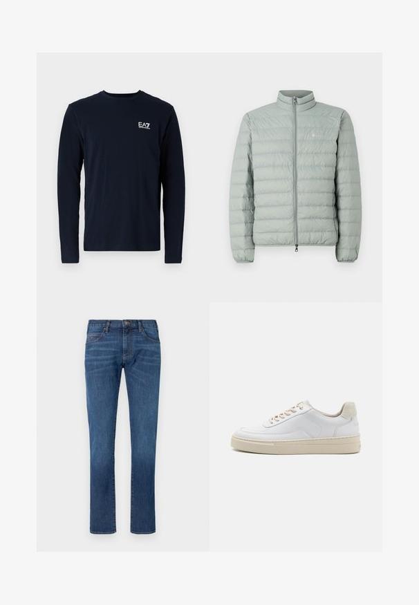 Lichtgroene pufferjas met een hoge kraag, ritssluiting en horizontaal gestikt patroon. Heeft een klein logo op de borst.; Marineblauw langemouw t-shirt van katoen, met een ronde hals en een klein wit EA7-logo op de linkerkant van de borst. Zachte textuur.; Blauwe spijkerbroek met rechtvallende pijpen, voorzien van een klassiek ontwerp met vijf zakken en een knoopsluiting. Subtiele vervaging over de stoftextuur.; Witte sneaker met een gevoerd leren bovenwerk, beige veters en een gestructureerde beige suede hieltab. Verhoogde zool voor extra hoogte.