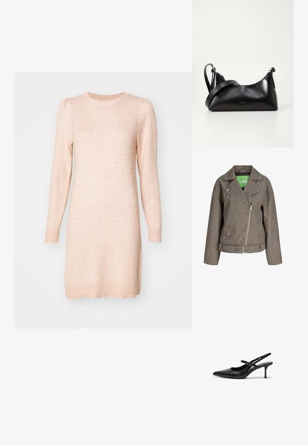 Taupe ruskind bikerjakke med asymmetrisk sølvlynlås, knaplukning ved revers, lynlås- og knappelommer, bælte med sølvspænde og grøn inderforing.; Langærmet, rundhalset sweaterkjole i blød lyserød. Struktureret strik med subtile hævede mønstre, tætsiddende manchetter og lige silhuet.; Sorte læder slingback hæle med spids tå, slank justerbar rem og en stiletto hæl på cirka 5 cm, glat tekstur.; Sort læderhåndtaske med en glat tekstur. Har en justerbar stropp og et enkelt, minimalistisk design med lynlås.