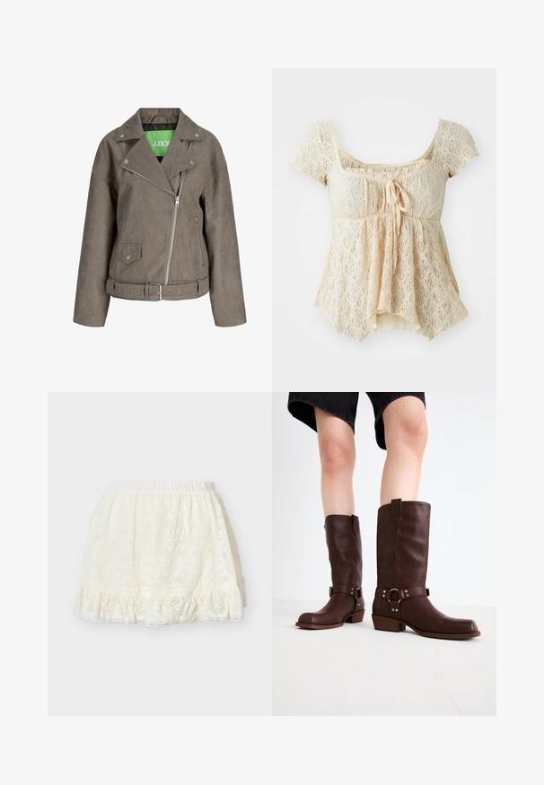 Taupekleurige suède bikerjas met asymmetrische zilverkleurige rits, drukknopen op de revers, ritssluitingen en drukknoopzakken, ceintuur met zilverkleurige gesp en groene binnenvoering.; Kanttop in licht beige. Heeft korte mouwen, vierkante halslijn, strikdetail aan de voorkant en een uitlopende zoom. Tekstuur met een bloemmotief overal.; Crèmekleurige kanten halve onderrok met elastische tailleband en geplooide zoom, ontworpen om onder rokken of jurken te dragen.; Bruine leren kniehoge laarzen met een ronde neus, gestructureerd oppervlak, enkelriem en zilveren hardware-detail; opgestapelde hak.