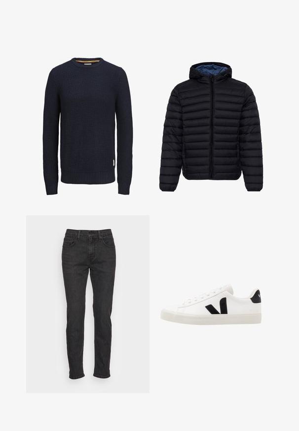 Doudoune noire matelassée à capuche avec fermeture éclair devant et doublure intérieure bleue, conçue pour le froid.; Pull à col rond à manches longues en maille bleu marine avec motif gaufré texturé et poignets et ourlet côtelés.; Jean en denim noir avec une coupe ajustée, comportant cinq poches, des passants de ceinture et des détails de couture subtils. Texture usée sur le tissu.; Sneaker blanche en cuir avec des accents en daim noir ; dispose d'une semelle en caoutchouc, d'un bout rond et d'un design classique à lacets. Logo latéral en noir.