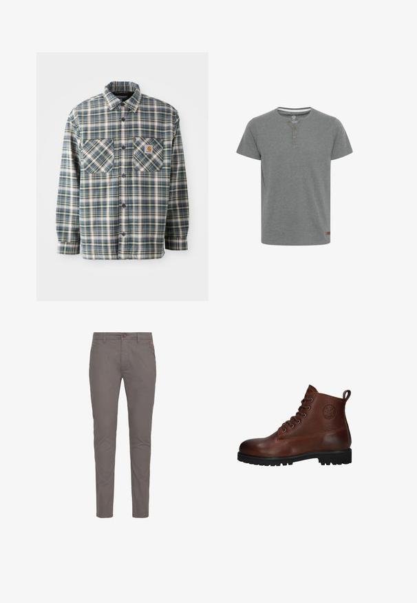Chemise en flanelle à boutons en tartan bleu, vert et crème. Présente deux poches sur la poitrine, un col arrondi et des boutons foncés. Matériau en coton.; T-shirt gris à manches courtes en coton, avec un col rond et trois boutons en bois, et une étiquette d'accent au niveau de l'ourlet.; Chinos gris en coton avec une coupe droite, présentant une fermeture à bouton, des poches standards et un design minimaliste. Surface lisse et sans motifs.; Bottine en cuir marron avec une surface texturée, six œillets, une semelle en caoutchouc noire et une boucle pour un enfilage facile.