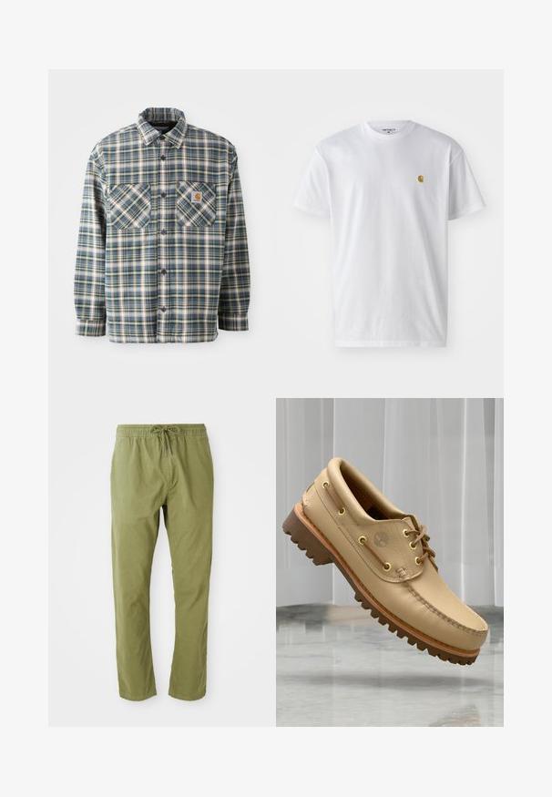 Camisa de franela abotonada en cuadros azules, verdes y crema. Presenta dos bolsillos en el pecho, cuello redondeado y botones oscuros. Material de algodón.; Camiseta de algodón blanca con mangas cortas, cuello redondo, que presenta un pequeño logo dorado en la parte izquierda del pecho. Textura suave y corte regular.; Pantalones de corte relajado en verde oliva con cinturilla elástica y cordón. Confeccionados en una tela suave con una textura lisa y perneras rectas.; Zapato náutico de cuero marrón claro con suela gruesa y estriada y detalles de cordones, flotando sobre un suelo de mármol y un fondo de persianas verticales blancas.
