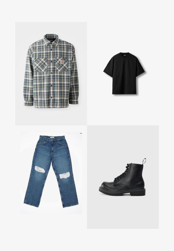 Button-up flannel skjorte i blå, grøn og cremefarvet tern. Har to brystlommer, rund krave og mørke knapper. Fremstillet af bomuldsstof.; Sort t-shirt med korte ærmer og rund hals, løs pasform, vist fladt på en hvid baggrund.; Lyseblå denimjeans med lige ben, der har to slidte knælapper og standard fem-lomme design.; Sort tekstureret læderkampstøvle med tykkere sål, snørebånd fortil og en hækrog, vist fra siden på en hvid baggrund.