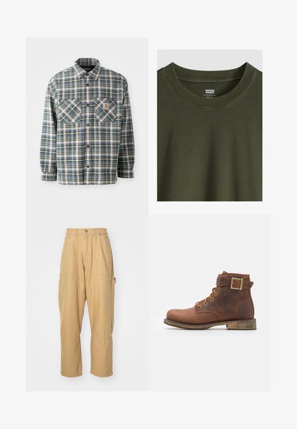Camisa de franela abotonada en cuadros azules, verdes y crema. Presenta dos bolsillos en el pecho, cuello redondeado y botones oscuros. Material de algodón.; Camiseta de cuello redondo verde oscuro de Levi's que muestra el cuello y la etiqueta interior con detalles de la marca y el ajuste.; Pantalones cargo beige hechos de una mezcla de algodón. Presentan múltiples bolsillos, piernas rectas y un cierre de botón en la cintura.; Harley Davidson VNTGMOTO SHORT RIDING APPROVED - Botines camperos - brown
