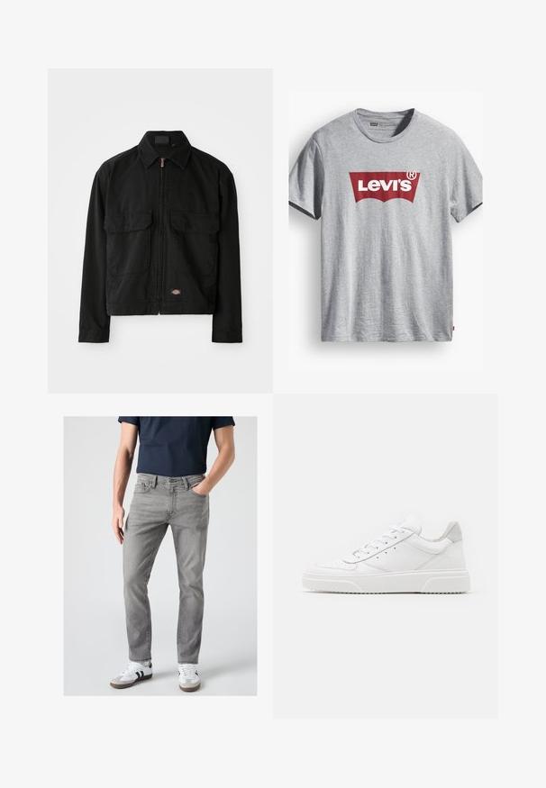 Zwarte katoenen jasje met een ritssluiting, puntkraag, twee voorzakken en een logo patch aan de zoom. Gladde textuur, casual ontwerp.; Grijze katoenen t-shirt met een rood Levi's-logo in een gebogen ontwerp. Korte mouwen, ronde hals en een etiket aan de onderlinkerkant.; Man draagt grijze slim-fit jeans, witte sneakers met zwarte strepen en een donkerblauw shirt met korte mouwen, staand met één hand in de zak.; Witte leren sneakers met een gladde afwerking, ronde neus, platte veters en een gestructureerde zool. Grijze suède accent bij de hiel.