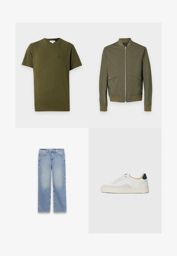 Olijfgroene bomberjack met een ritssluiting aan de voorkant, geribbelde manchetten en zoom, zijzakken en een gladde, lichtgewicht stof met subtiele naaddetails.; Olijfgroene katoenen t-shirt met een ronde hals en korte mouwen. Bevat een klein zwart embleem op de linker borst. Eenvoudige textuur.; Lichtblauwe straight-leg spijkerbroek met vijf zakken, riemlussen en een knoop- en ritsluiting.; Witte sneaker met suède accenten, ronde neus, platte veters en een crème rubberen zool. Bevat groene branding op de hiel.