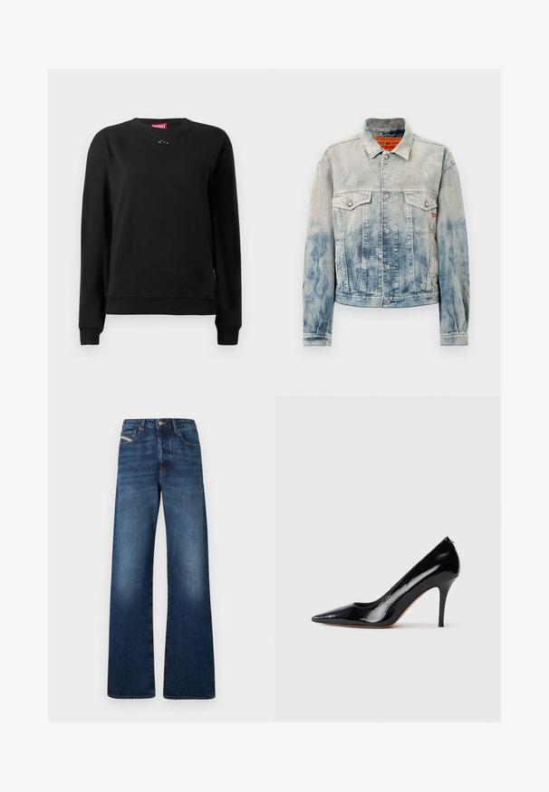Veste en jean délavée bleu clair avec fermeture à boutons, deux poches poitrine à rabat, col et manches longues sur fond blanc.; Sweat-shirt noir en tissu doux, avec un col rond, des manches longues et un petit logo circulaire près du col.; Jean à jambes larges en denim bleu foncé, avec une taille haute, cinq poches et une couture contrastante le long des coutures.; Escarpin à talon haut en cuir verni noir avec un bout pointu, présentant une texture lisse et un talon aiguille mince. Aucun accessoire visible.