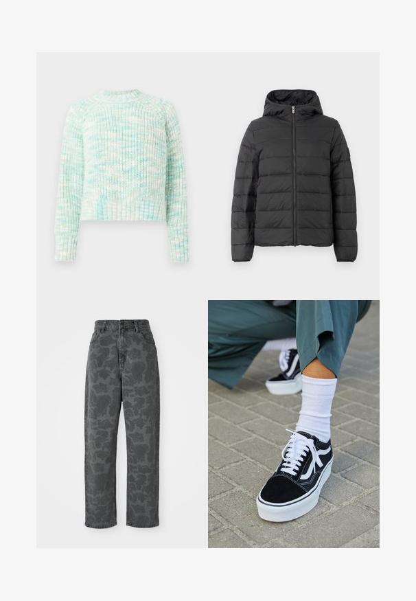 Sort pufferjakke med hætte, med en frontlynlås, horisontalt quiltet design og elastiske manchetter. Glat tekstur og let materiale.; Striktrøje med struktur i lyseblå og hvide nuancer. Har en rund halsudskæring og ribbede manchetter og kant. Korte design med lange ærmer.; Grå denimbukser med et blomstermønster, høj talje, lige ben og klassisk fem-lomme design. Holdbart stof med en let tekstur.; Sorte ruskinds sneakers med hvide accenter og snørebånd, der har en tyk hvid sål og kontrasterende syninger, parret med en hvid sok.