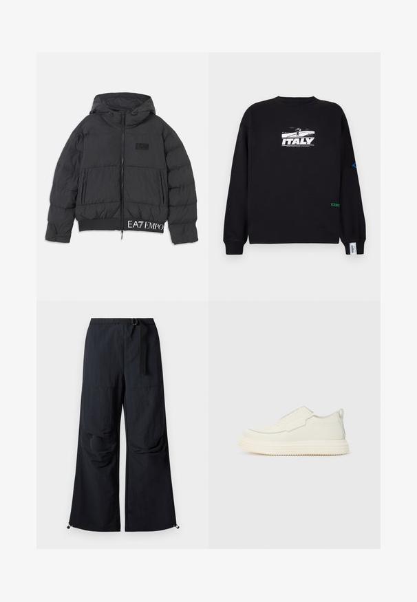 Chaqueta de plumas negra con capucha, cierre de cremallera y logotipo bordado "EA7" en el pecho. Presenta puños acanalados y bolsillos laterales.; Iceberg Sudadera - nero; Pantalones negros de pierna ancha hechos de tela ligera. Cuentan con un cinturón, dos grandes bolsillos laterales y dobladillos ajustables con cierres de cordón.; Zapatilla slip-on en material texturizado color blanco roto con una suela gruesa y estriada. Presenta costuras mínimas y un sutil acento azul claro.