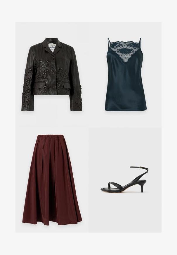 Veste en cuir noir avec trois boutons, col pointu, deux poches avant à rabat et motifs floraux embossés sur les manches et le corps.; Camisole en satin bleu foncé avec un panneau en dentelle au niveau du décolleté, dotée de fines bretelles réglables et d'une texture lisse.; Jupe longue bordeaux avec un design plissé et une ceinture élastique. Texture lisse, forme pleine, et longueur jusqu'au sol.; Sandale pour femme en cuir noir avec fines lanières, une boucle d'orteil, une boucle à la cheville et un talon aiguille de hauteur moyenne sur un fond neutre.