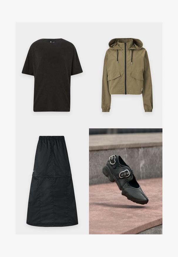 Veste courte vert olive avec capuche, cordons de serrage noirs, fermeture éclair à l'avant, poches à rabat et poignets élastiques sur fond blanc.; T-shirt en coton noir avec un col rond, des manches courtes et une coupe décontractée. Présente une texture lisse et un design minimaliste.; Jupe de sport noire en tissu nylon léger et lisse. Elle possède une taille élastique et une coupe simple, longue, en ligne A.; Chaussure noire à bout fendu avec deux boucles argentées, semelle épaisse et détails perforés, flottant au-dessus d'une surface en pierre.
