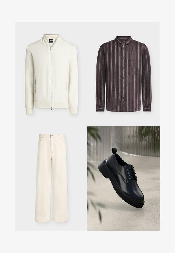 Chaqueta bomber blanca con cremallera, con cuello, puños y bajo acanalados, dos bolsillos laterales y una etiqueta BOSS en el interior del cuello.; Samsøe Samsøe RYAN - Camisa - regal orchid st.; Pantalones de pierna ancha en color blanco roto con botón y cremallera delanteros, trabillas para cinturón y dos bolsillos delanteros, mostrados sobre un fondo liso.; Zapato de piel negra con punta redondeada, diseño con cordones y suela de goma gruesa con un borde texturizado. Acabado elegante y hardware minimalista.