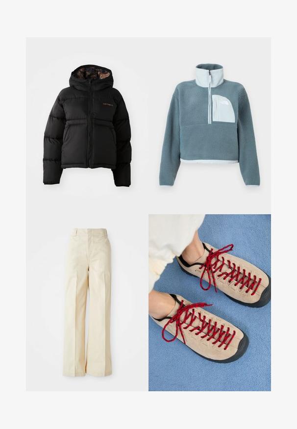 Must pufferjope kapuutsiga, millel on esiosas lukk, sile välispind ja peen oranž logo rinnal.; Sinine fliisist pullover poole tõmbluku, kõrge krae ja helesinise rinnataskuga, millel on The North Face logo.; Beez värvi laiad püksid kõrge vöökohaga, sujuva kangaga ja korralikult pressitud eesrihmadega, valge ühtlase tausta ees.; Beezhikirid punased nööridega, paigutatud sinisele tekstureeritud pinnale, osaliselt paljastavad inimese pahkluu. Kingad on sportliku disainiga.