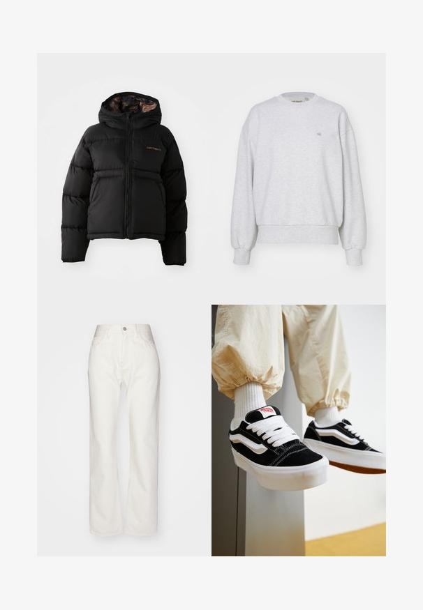 Doudoune noire avec capuche, dotée d'une fermeture éclair à l'avant, d'une surface extérieure lisse et d'un discret logo orange sur la poitrine.; Carhartt WIP CASEY - Sweatshirt - ash heather/silver; Pantalons en denim blanc avec une taille haute et une coupe évasée. Comprend une fermeture à bouton et à fermeture éclair, des passants de ceinture et des détails de couture subtils.; Personne portant des baskets Vans noires et blanches avec des lacets blancs, des chaussettes blanches et un pantalon beige avec des poignets élastiques.