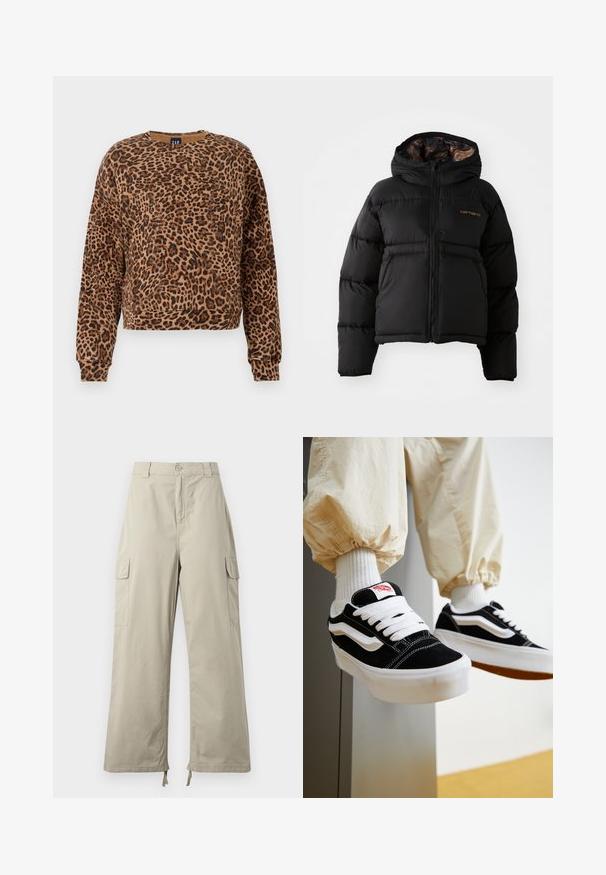 Schwarze Steppjacke mit Kapuze, vorne mit Reißverschluss, glatter Außenseite und dezentem Logo in Orange auf der Brust.; Sweatshirt mit Leopardenmuster in Brauntönen und Schwarz. Hergestellt aus weichem Material, verfügt über einen runden Ausschnitt und lange Ärmel mit gerippten Bündchen.; Helle beige Cargo-Hosen mit lockerer Passform, ausgestattet mit einem Knopfverschluss, seitlichen Taschen und verstellbarem Saum mit Bändern. Glatte Stoffoberfläche.; Person, die schwarz-weiße Vans-Sneaker mit weißen Schnürsenkeln, weißen Socken und beigen Hosen mit elastischen Bündchen trägt.