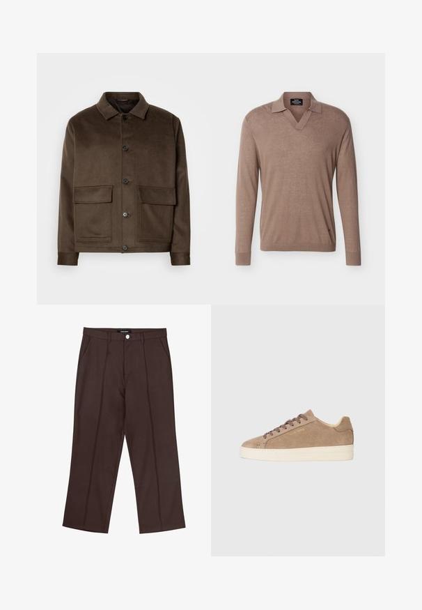 Brun uldblandingsjakke med klassisk krave, fire frontlomme, knaplukning og en glat tekstur. Slim fit-design.; Brun langærmet strikket trøje med krave og V-udskæring, lavet af let stof, med ribstrikkede manchetter og kant.; Brune lige ben bukser med frontfolder, lommer i siden, bæltestropper og en mærke knaplukning i taljen.; Beige suedestøvle med rund tå, cremefarvet gummisål og brune snørebånd. Har prægede mærkelogo på siden og tekstureret materiale.