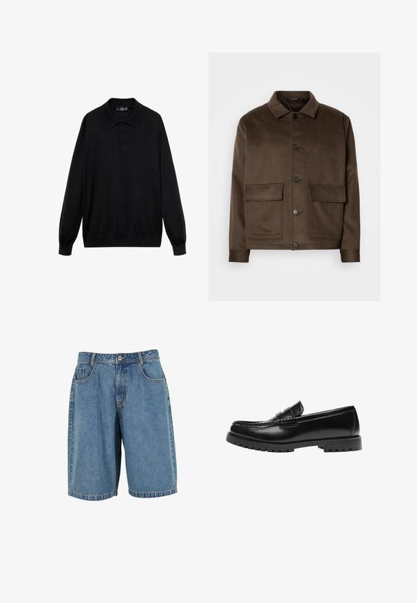 Hnedá vlnená bunda s klasickým golierom, štyrmi prednými vreckami, gombíkovým zapínaním a hladkou textúrou. Slim fit strih.; Čierna polokošela s dlhým rukávom vyrobená z mäkkej tkaniny, s klasickým golierom, tromi gombíkmi a rebrovanými manžetami a spodným lemom.; Džínové šortky v bledomodrej farbe, so klasickým päť vreckovým dizajnom, predným zapínaním na gombík a prešitým lemom. Hladká textúra so strednou hmotnosťou.; Čierna kožená mokasína s robustnou gumovou podrážkou a klasickým pásikom na penny, zobrazená z vonkajšej strany.