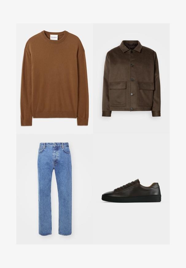 Hnedá vlnená bunda s klasickým golierom, štyrmi prednými vreckami, gombíkovým zapínaním a hladkou textúrou. Slim fit strih.; CLOSED CREW NECK LONG SLEEVE - Svetrík - light mocha brown; Won Hundred STEVE - Džínsy voľného strihu - cut blue; Nízky profil tmavohnedých kožených tenisiek s čiernou gumovou podrážkou, šnurovanie vpredu a hladkým minimalistickým dizajnom na svetlom pozadí.