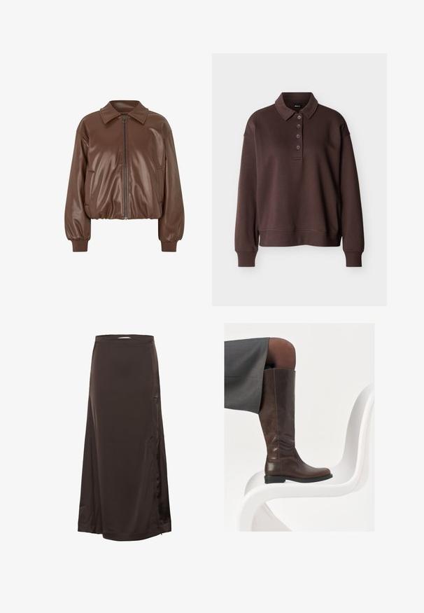 Chaqueta bomber de imitación cuero marrón con cierre de cremallera en la parte delantera, cuello y puños elásticos, con un silueta cropped. Textura suave y mínimos detalles.; Camisa tipo polo marrón de manga larga con cuatro botones, puños acanalados y un dobladillo acanalado sobre un fondo blanco liso.; Larga falda de satén marrón oscuro con cintura entallada y sutil abertura lateral, textura suave y ligero brillo.; Bota de cuero marrón hasta la rodilla con punta redondeada, textura suave y detalles de costura mínimos, situada sobre un fondo claro en una silla blanca.