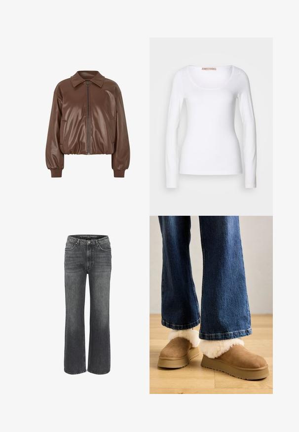 Chaqueta bomber de imitación cuero marrón con cierre de cremallera en la parte delantera, cuello y puños elásticos, con un silueta cropped. Textura suave y mínimos detalles.; Camiseta de algodón blanca de manga larga con escote redondeado y un diseño ajustado, de textura suave y sin adornos.; Jeans de pierna ancha en denim gris oscuro, que cuentan con un diseño clásico de cinco bolsillos, detalles de costura y un cierre de botón en la cintura.; Zapatillas de ante marrón con un grueso puño de piel clara, montadas sobre una suela de plataforma beige, combinadas con unos vaqueros de pierna ancha.