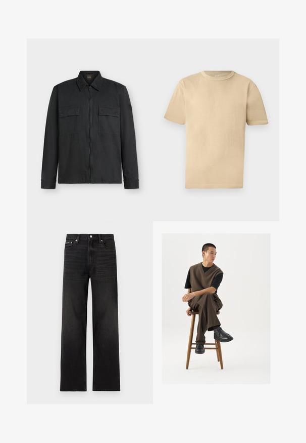 Schwarze Langarmjacke mit Frontreißverschluss, zwei mit Knöpfen verschließbaren Brusttaschen und Stehkragen auf weißem Hintergrund.; Beiges kurzärmeliges Baumwoll-T-Shirt mit Rundhalsausschnitt, entspannter Passform und dezenten Nahtdetails auf hellem Hintergrund.; Schwarze Jeans mit geraden Beinen, fünf Taschen, Gürtelschlaufen und Knopfverschluss, auf weißem Hintergrund dargestellt.; Brauner Strickwesten über einem schwarzen T-Shirt, kombiniert mit braunen weiten Hosen und schwarzen klobigen Schuhen, auf einem Holzschemel sitzend.