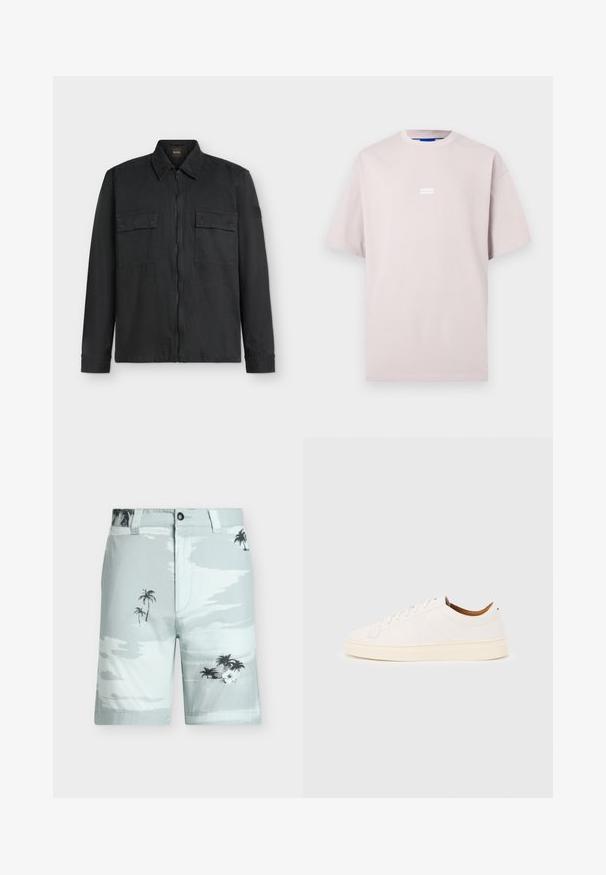 Veste noire à manches longues avec fermeture éclair devant, deux poches poitrine boutonnées et un col montant sur fond blanc.; T-shirt oversize beige clair à manches courtes avec un petit logo "HUGO" centré sur la poitrine, sur un fond uni.; Shorts bleu clair avec motifs de palmiers noirs et fleurs blanches, bouton à l'avant et passants de ceinture, présentés sur un fond uni.; Baskets blanches basses avec un design à lacets, des détails de couture minimalistes, et une semelle couleur crème sur un fond gris clair.
