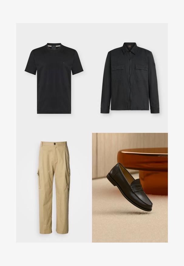 Veste noire à manches longues avec fermeture éclair devant, deux poches poitrine boutonnées et un col montant sur fond blanc.; T-shirt noir à manches courtes et col rond avec petit logo brodé sur la poitrine gauche, présenté sur fond uni.; Pantalon cargo beige en tissu résistant, avec une coupe décontractée, des poches latérales et une fermeture par bouton à la taille.; Chaussure mocassin en cuir noir suspendue au-dessus d’un tapis beige avec du mobilier moderne couleur ambre en arrière-plan.