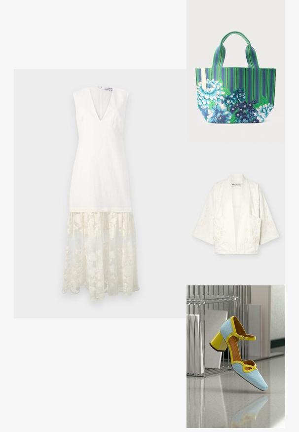 Weißer Kimono mit offener Vorderseite, weiten Ärmeln und dezentem Blumenstickerei, mit einer Fronttasche und einem "lollys laundry"-Etikett innen.; Weißes Leinenkleid mit V-Ausschnitt, kurzen Ärmeln und einem durchsichtigen bestickten Spitze Saum. Mit Reißverschluss hinten. Elegante, strukturierte Form.; Blauer perforierter Lederschuh mit gelbem Lacklederbesatz, Knöchelriemen und Blockabsatz. Verfügt über eine spitze Zehenform und ein ausgeschnittenes Design.; Tragetasche mit grünen und blauen vertikalen Streifen, mit großen blau-weißen Blumenmustern und zwei kurzen Griffen.