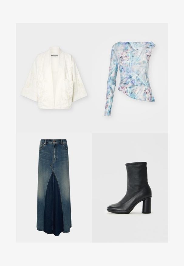 Hvid kimono jakke med åbent front, brede ærmer og subtil blomsterbroderi, med forlomme og et "lollys laundry" mærke indeni.; Asymmetrisk langærmet top i et blåt og pink abstrakt mønster, med sammensamlet tekstur og rund hals. Lavet af letvægtsstof.; Blå denim maxi nederdel med frontinverteret plissé, bæltesløjfer, knap- og lynlåslukning samt lysvasket detaljer.; Sort læderstøvle til midten af læggen med rund tå og en kraftig høj hæl, vist mod en ensfarvet lysegrå baggrund.