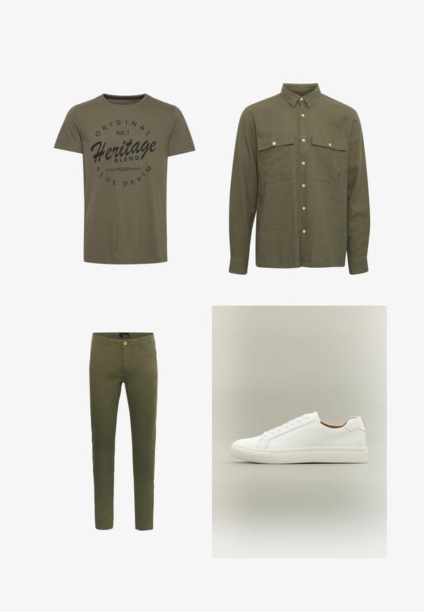 Camisa de botones de manga larga en verde oliva, hecha de una tela texturizada, con dos bolsillos en el pecho y detalles de botones blancos.; Camiseta de algodón verde oliva con cuello redondo, que presenta texto impreso en negro: "Original No. 1 Heritage Blend Claim Your Rights" en un diseño circular.; Pantalones color verde oliva hechos de una suave mezcla de algodón, con cierre frontal de botón, presillas para cinturón y un diseño ajustado.; Zapatilla blanca de corte bajo con cierre de cordones y suela plana, mostrada de perfil sobre un fondo neutro.