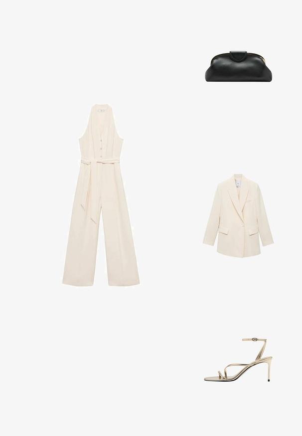 Cremefarvet skræddersyet blazer med en enkelt knaplukning, afgørende klapkraver, to forreste lommer og en strømlinet silhuet. Glat, tekstureret stof.; Cremefarvet jumpsuit med dyb V-udskæring, knaplukning foran, brede ben og et matchende taljebælte for en skræddersyet silhuet.; Guld højhælet sandal med tynde remme, tynd hæl, åben tå og tynd ankelrem med spænde på hvid baggrund.; Sort læderclutch med guldfarvet metalramme og tryklukning på hvid baggrund.