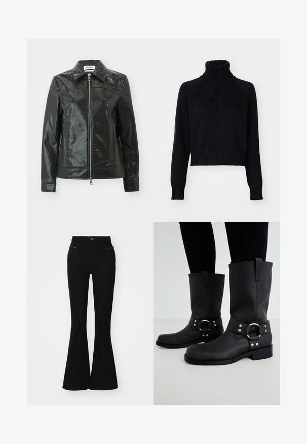 Sort læderjakke med en skinnende finish, lynlås foran og spidse kraver. Har sidelommer og stikninger på skuldrene.; Mørk strikket turtleneck sweater med et cropped design, der har ribbede manchetter og kant, samt en tekstureret vævning gennem hele. ; Sorte buks med bred benåbning og høj talje, med forlommer og lynlåsdetaljer. Lavet af denim med en glat overflade.; ONLY SHOES ONLBAX - Cowboy- / bikerstøvler - black