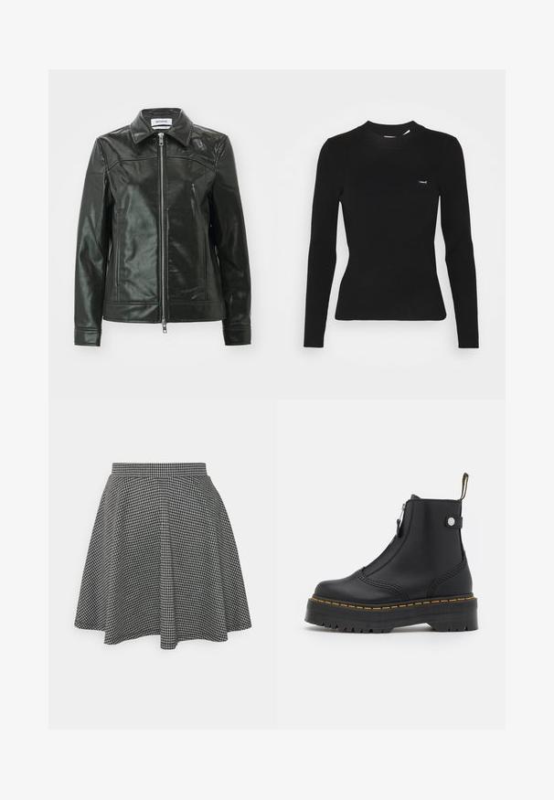 Chaqueta de cuero negro con un acabado brillante, cierre de cremallera en la parte delantera y collar puntiagudo. Presenta bolsillos laterales y detalles de costura en los hombros.; Top negro de manga larga con diseño ajustado y tejido acanalado. Presenta un cuello redondo y un pequeño logo blanco de "Levi's" en el pecho izquierdo.; Falda de patinadora a cuadros en blanco y negro con cintura ajustada y dobladillo acampanado, hecha de una tela texturizada que muestra un patrón clásico.; Botín negro de cuero suave, con cremallera lateral, costuras amarillas y suela de goma gruesa y estriada.