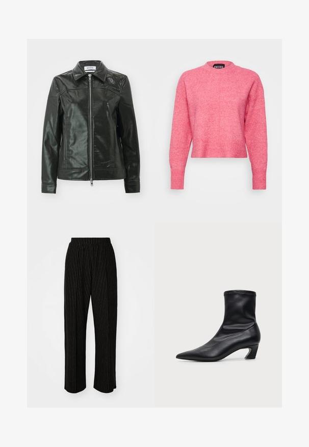 Veste en cuir noir avec une finition brillante, fermeture éclair à l'avant et col pointu. Comprend des poches latérales et des détails en couture sur les épaules.; Pull cropped rose avec un col rond, des manches longues, des poignets et un ourlet côtelés, présente une finition légèrement texturée. Étiquette de marque visible.; Pantalons larges noirs avec des rayures verticales blanches, dotés d'une taille élastique pour le confort et d'une texture lisse et douce.; Botte mi-mollet en cuir noir avec bout pointu et talon bas courbé, vue de profil sur fond clair uni.