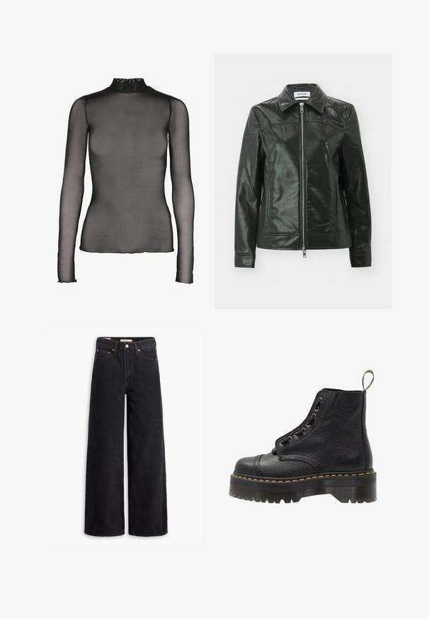 Chaqueta de cuero negro con un acabado brillante, cierre de cremallera en la parte delantera y collar puntiagudo. Presenta bolsillos laterales y detalles de costura en los hombros.; Top negro de manga larga hecho de tela transparente con cuello alto. Presenta un diseño ajustado y sutiles detalles en el dobladillo de los puños y el borde inferior.; Jeans de pierna ancha negros hechos de denim, con cinco bolsillos, remaches de cobre y un cierre clásico de botón. Textura suave con un diseño limpio.; Botín negro de cuero con superficie texturizada, punta redonda, diseño de cordones, costuras amarillas y una gruesa suela de plataforma negra estriada.