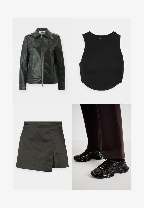 Sort læderjakke med en skinnende finish, lynlås foran og spidse kraver. Har sidelommer og stikninger på skuldrene.; Sort ribbet crop top med høj hals og ærmeløs design. Blød tekstur med tætsiddende pasform og let buet kant.; Weekday MEL MINI SKIRT - Mini skirts - black; Sorte sneakers med guldprikker, struktureret overflade og en kraftig sort sål. Parret med brune sweatpants, der viser et tætsiddende design.