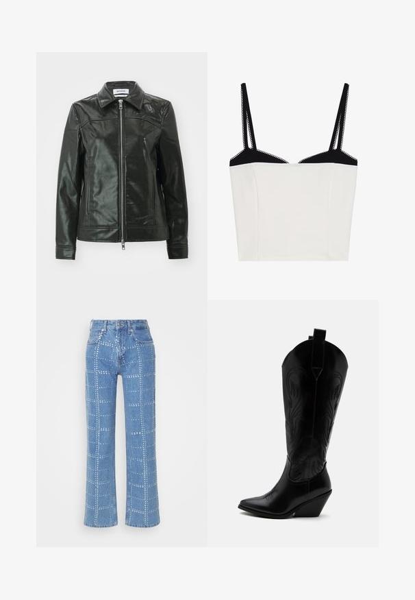 Veste en cuir noir avec une finition brillante, fermeture éclair à l'avant et col pointu. Comprend des poches latérales et des détails en couture sur les épaules.; Even&Odd by Zalando Débardeur - black,white; Jean en denim bleu clair avec une coupe droite, ornés d'un motif en grille de clous argentés et d'un design classique à cinq poches.; Botte de cowboy en cuir noir avec bout pointu, talon bloc incliné, couture décorative et languettes en haut sur fond blanc.