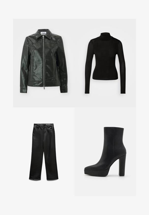 Sort læderjakke med en skinnende finish, lynlås foran og spidse kraver. Har sidelommer og stikninger på skuldrene.; Sort turtleneck top lavet af et letvægts, strækbart materiale. Har lange ærmer og en tætsiddende silhuet uden synlige sømme.; Sorte bukser i bred benvidde lavet af kunstlæder med frontlommer, bæltestropper og en diskret glans. Glat tekstur og skræddersyet pasform.; Sort ankelstøvle lavet af tekstureret læder med en spids snude, en chunky plateau og en høj blokhæl. Glat overflade, minimal detaljering.