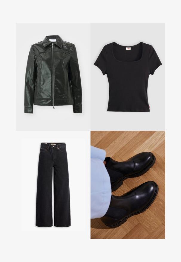 Chaqueta de cuero negro con un acabado brillante, cierre de cremallera en la parte delantera y collar puntiagudo. Presenta bolsillos laterales y detalles de costura en los hombros.; Top negro de manga corta hecho de tejido acanalado, con un escote cuadrado amplio y una forma ajustada, con una pequeña etiqueta de logo rojo en el dobladillo.; Jeans de pierna ancha negros hechos de denim, con cinco bolsillos, remaches de cobre y un cierre clásico de botón. Textura suave con un diseño limpio.; Botas negras de tobillo hechas de cuero suave con paneles laterales elásticos, una suela de goma texturizada y costuras en contraste a lo largo del borde.