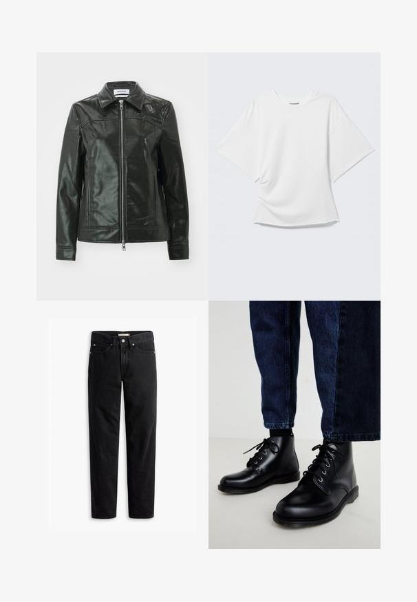 Sort læderjakke med en skinnende finish, lynlås foran og spidse kraver. Har sidelommer og stikninger på skuldrene.; Hvid oversized T-shirt med korte ærmer og rund hals vist på en lysegrå baggrund.; Sorte straight-leg jeans med knap- og lynlåslukning, bæltestropper samt for- og baglommer, vist fladt på hvid baggrund.; Sorte ankelstøvler i læder med runde snuder, snørelukning, sølvfarvede forskruninger og teksturerede såler, kombineret med mørkeblå denimjeans.