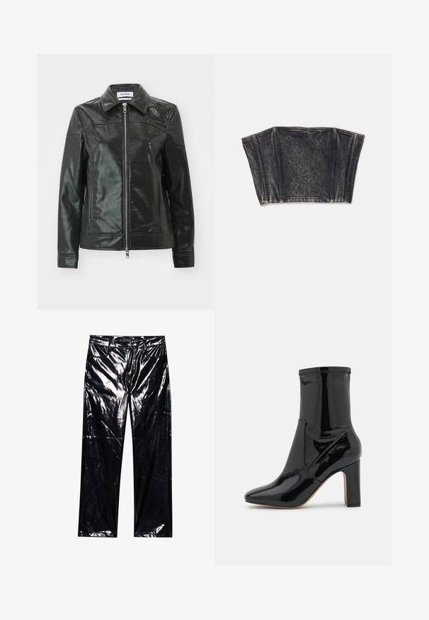 Sort læderjakke med en skinnende finish, lynlås foran og spidse kraver. Har sidelommer og stikninger på skuldrene.; Sort denim bustier med struktureret design, der har lodrette sømme og en tætsiddende, cropped form. Tekstureret overflade med subtil fading.; Sorte, højglans, faux læderbukser med brede ben, klassisk fem-lomme design, knap- og lynlåslukning samt blank overflade.; Call it Spring Støvletter - black