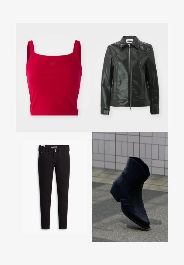 Čierna kožená bunda s lesklým povrchom, so zipsom vpredu a špicatým golierom. Má bočné vrecká a prešívané detaily na pleciach.; Červený rebrovaný crop top so širokými ramienkami, ktorý má jemnú štítok s logom Levi's umiestnený v strede pri hrudníku. Hladký bavlnený materiál.; Čierne denimové nohavice so slim fit strihom, obsahujúcim gombíkový zapínanie, päť vreciek a jemné švy. Hladká textúra a odolný materiál.; Čierna kožená členková obuv s nízkym podpätkom, dekoratívnym prešívaním a špicatou špičkou, postavená vzpriamene na dláždený povrch vedľa obloženej steny.