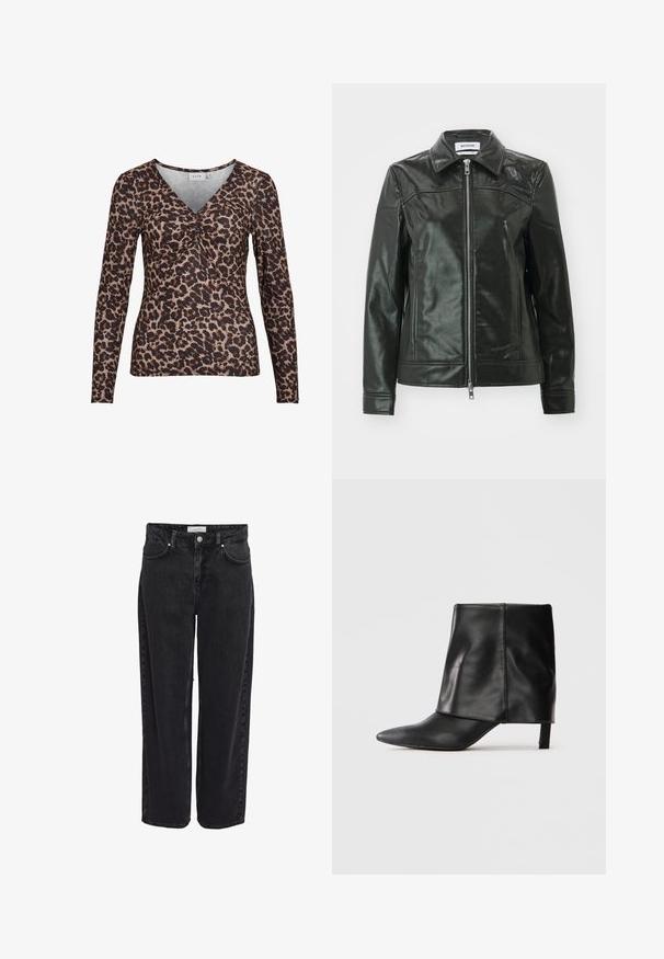 Sort læderjakke med en skinnende finish, lynlås foran og spidse kraver. Har sidelommer og stikninger på skuldrene.; Langærmet top med leopardmotiver og V-udskæring, der har en samling i midten og er lavet af et blødt, strækbart stof.; Sort denim bukser med vide ben og høj talje, fem-lomme design og lynlåsgylp. Glat tekstur med minimale synlige syningsdetaljer.; Sort læderstøvle til midten af læggen med spids tå, foldet øvre skaft og slank lav hæl, der står på hvid baggrund.