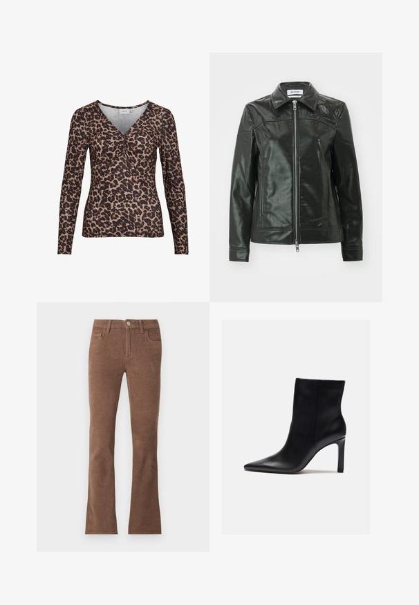 Sort læderjakke med en skinnende finish, lynlås foran og spidse kraver. Har sidelommer og stikninger på skuldrene.; Langærmet top med leopardmotiver og V-udskæring, der har en samling i midten og er lavet af et blødt, strækbart stof.; Brune kordbuksbukser med knap og lynlås, fem-lomme stil og let udvidede ben.; Zign by Zalando Højhælede støvletter - black