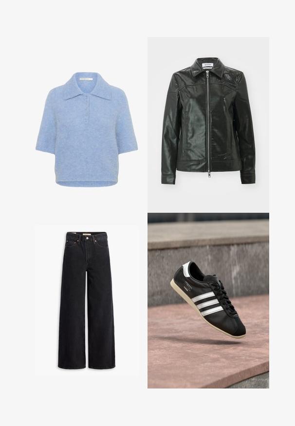 Chaqueta de cuero negro con un acabado brillante, cierre de cremallera en la parte delantera y collar puntiagudo. Presenta bolsillos laterales y detalles de costura en los hombros.; Top de punto de manga corta en azul claro, con cuello y tapeta de cinco botones. Textura suave con un corte ligeramente cuadrado y dobladillo acanalado.; Jeans de pierna ancha negros hechos de denim, con cinco bolsillos, remaches de cobre y un cierre clásico de botón. Textura suave con un diseño limpio.; Zapatilla deportiva de cuero negro con rayas y suela blancas, atada con cordones, flotando sobre una superficie de concreto rosada con una pared de piedra gris al fondo.