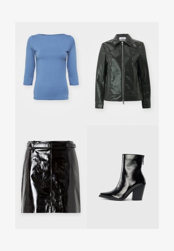 Chaqueta de cuero negro con un acabado brillante, cierre de cremallera en la parte delantera y collar puntiagudo. Presenta bolsillos laterales y detalles de costura en los hombros.; Blusa azul de manga larga fabricada en tejido suave, con escote en forma de barco y diseño ajustado. Presenta una textura lisa y costuras a lo largo del dobladillo.; Mini falda de cuero negro brillante con un cinturón a juego y detalles de costura central.; Botín de piel negra hasta el tobillo con un acabado brillante, puntera puntiaguda y tacón cuadrado. Presenta una cremallera lateral para fácil calzado.