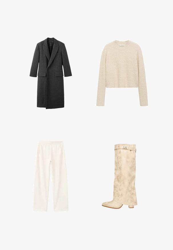 Mørkebrun uldfrakke med reverskrave, to forlommer og en enkelt knaplukning. Lige skæring med lange ærmer.; Cremefarvet cropped sweater lavet af blødt, tekstureret stof med lange ærmer og rund halsudskæring. Minimalistisk design uden synlig hardware eller mønstre.; Off-white bukser med vide ben, elastisk taljebånd og sidelommer, lavet af et blødt og glat stof.; Knæhøj creme syntetisk læderstøvle med en subtil glans, tekstureret overflade, blokhæl og en rem med en metallisk spænde øverst.
