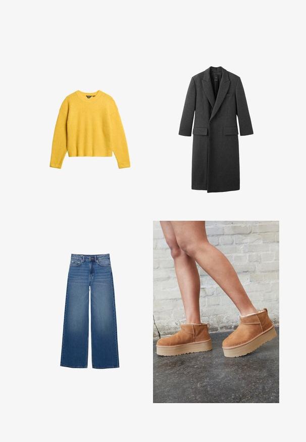 Mørkebrun uldfrakke med reverskrave, to forlommer og en enkelt knaplukning. Lige skæring med lange ærmer.; Gul ribstrikket sweater med lange ærmer og rund halsudskæring. Har en cropped pasform og tekstureret stof. Ingen knapper eller yderligere detaljer.; Vidde-ben denimjeans i en mellemblå vask, med høj talje, fem-lomme design og syningsdetaljer langs sømmene.; Brune ruskinds ankelsko med en blød foring, tyk beige plattformsål og en bageste løkke. Tekstureret overflade med synlige sømdetaljer.