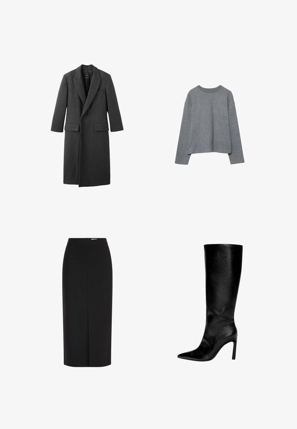 Mørkebrun uldfrakke med reverskrave, to forlommer og en enkelt knaplukning. Lige skæring med lange ærmer.; Grå cropped sweater lavet af blødt strikket stof, med ribbet crew-neck og lange ærmer, i en afslappet pasform og minimal detaljering.; Sort midi pencilnederdel med høj talje, frontslids og skjult lynlås på hvid baggrund.; Knæhøj sort læderstøvle med spids tå, høj stiletthæl, glat finish og et enkelt, strømlinet design uden pynt.