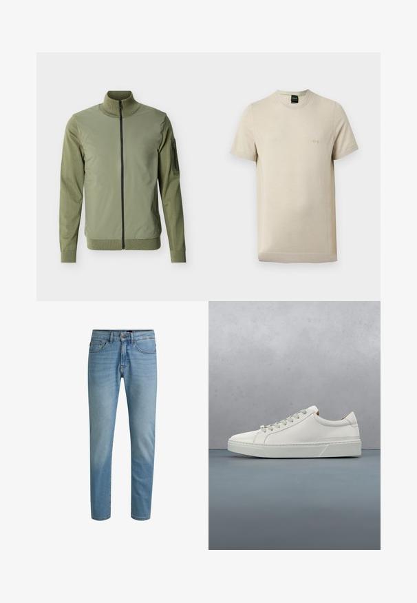 Olivengrøn herrejakke med fuld lynlås foran, høj krave, strikkede ærmer og en lynlåslomme på venstre overarm.; Beige T-shirt med korte ærmer og rund hals, med subtil tekstur og lille præget "BOSS"-logo på venstre bryst.; Lyseblå denimjeans med lige ben, design med fem lommer og let falmning. Har knaplukning og bæltestropper.; Hvid lædersneaker med rund tå, minimalistisk design, grå snørebånd og en tekstureret grå gummisål. Subtile syningsdetaljer er synlige.